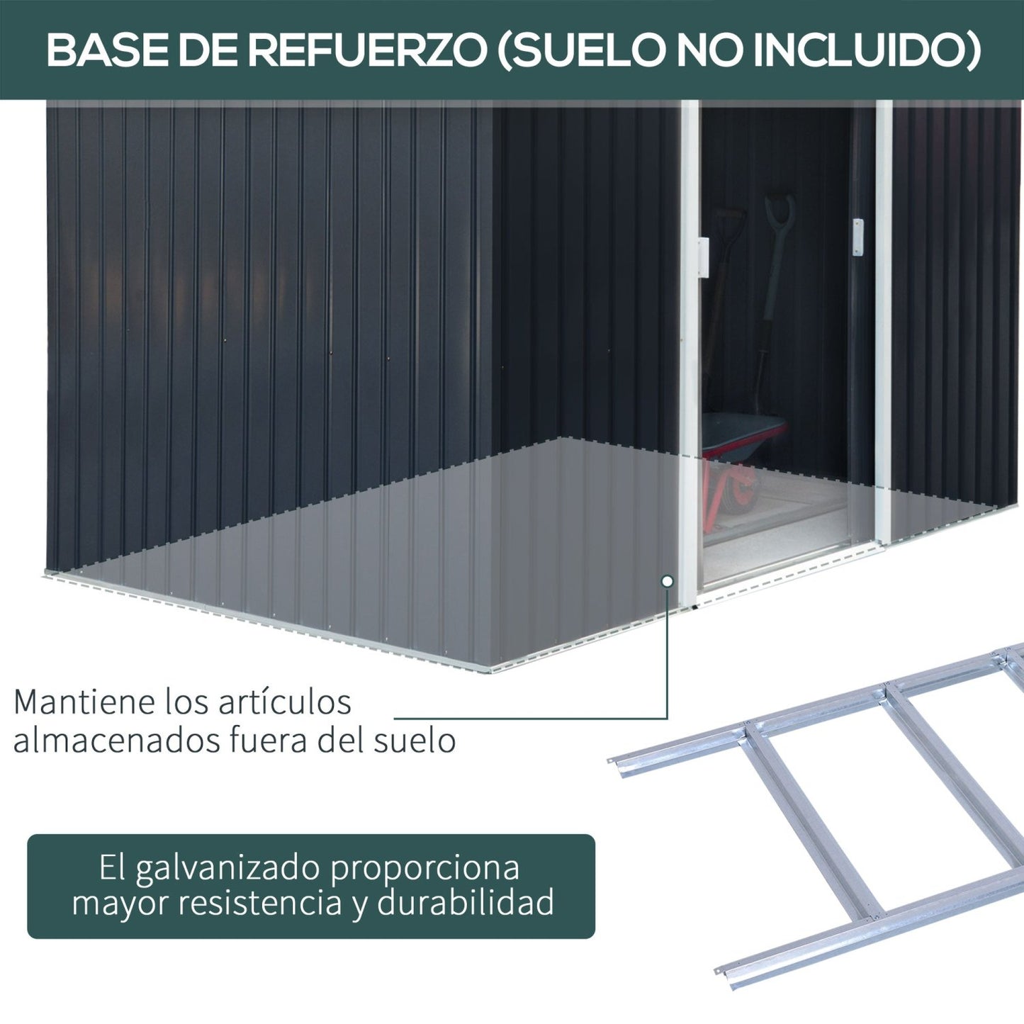 Caseta metalica jardines, Cobertizo exterior, 4,9 m², 2 Puertas Corredizas Base Refuerzo (Suelo NO Incluido) Gris Oscuro, Outsunny, 6