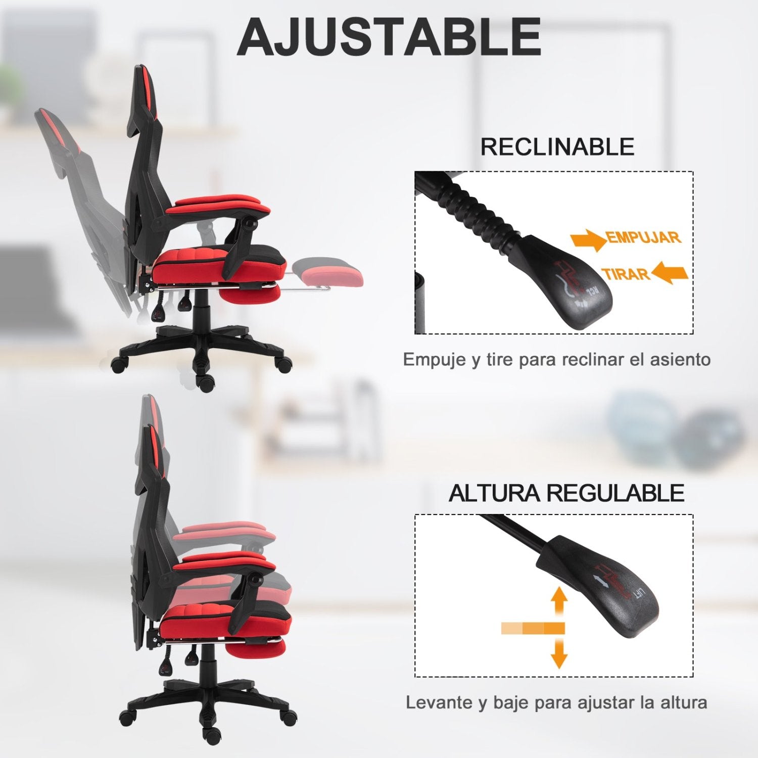 Silla gaming, Silla Oficina, con Reposapiés Retráctil, Silla Gamer, Silla Ergonomica, Altura Ajustable, Ruedas, Rojo, Vinsetto, 4