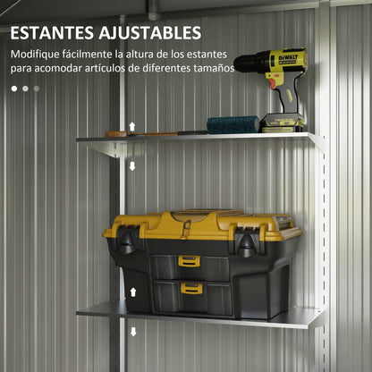 Caseta metalica jardines, 2,7 m², Cobertizo exterior, Base Estantes Ajustables 2 Puertas Corredizas, 2 Ventanas, Gris, Outsunny, 3