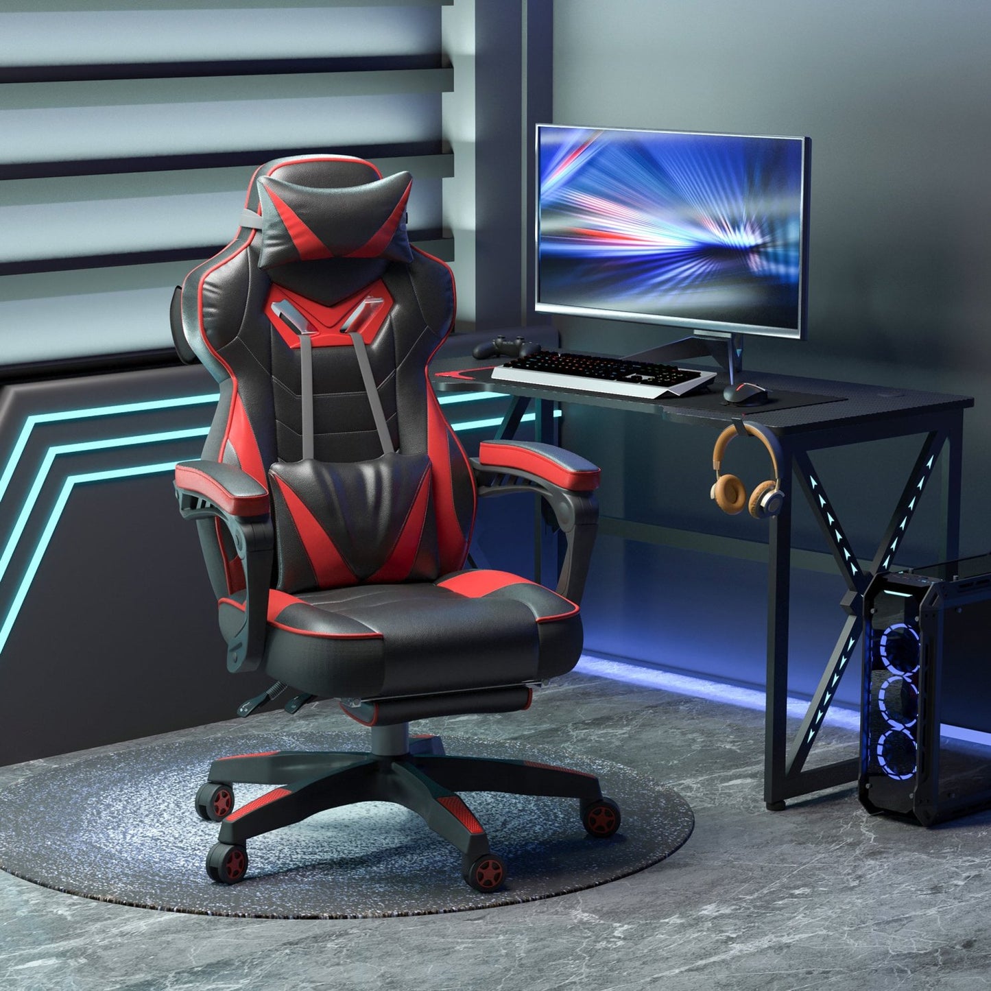 Silla Gamer, Silla Ergonomica, Regulable en Altura, Silla Oficina, Silla Gaming, con Reposapiés, Reposacabezas, Rojo, Vinsetto, 2