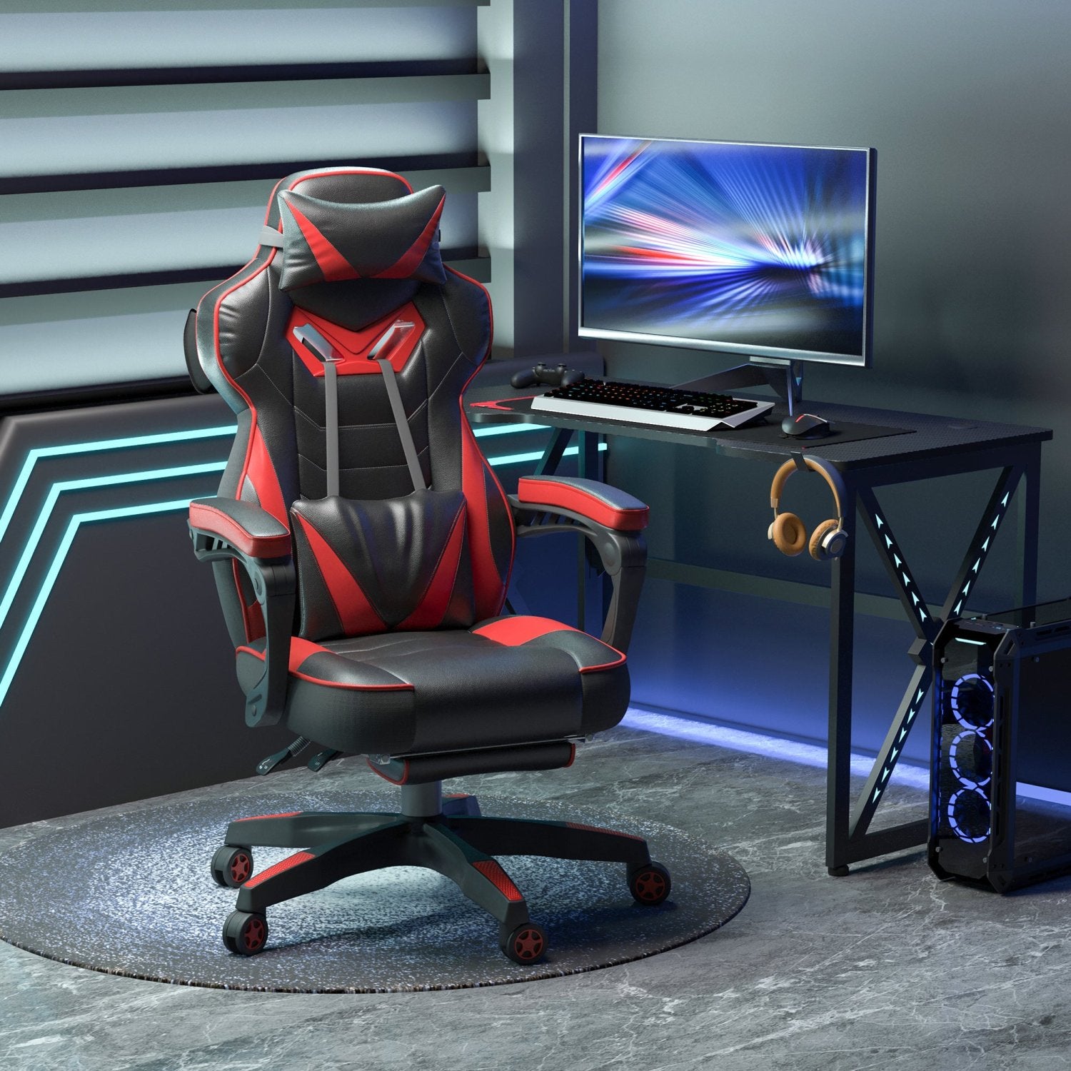 Silla Gamer, Silla Ergonomica, Regulable en Altura, Silla Oficina, Silla Gaming, con Reposapiés, Reposacabezas, Rojo, Vinsetto, 2