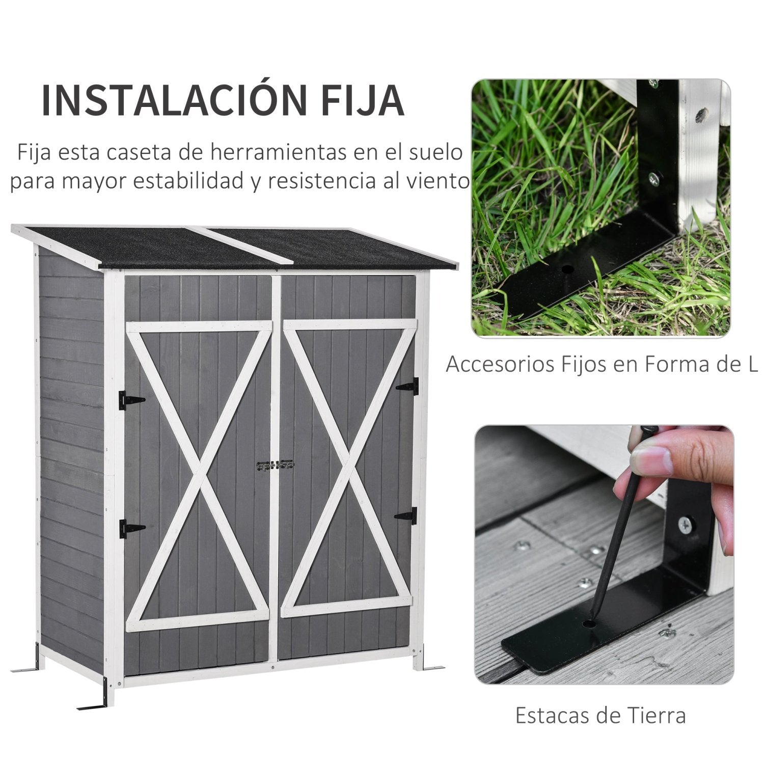 Caseta jardin, Caseta de madera, Armario exterior, con Estantería Movible Puertas con Cerrojo Techo Asfaltico, Gris, Outsunny, 6