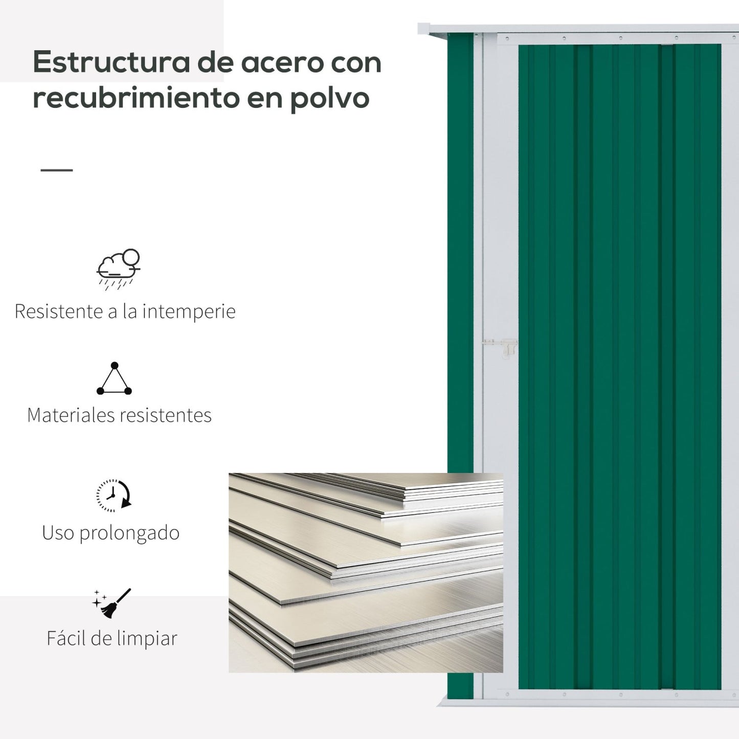 Caseta metalica jardines, Cobertizo jardin, 1,07 m², Cobertizo exterior, Puerta Cerradura y Orificios de Drenaje, Verde, Outsunny, 5