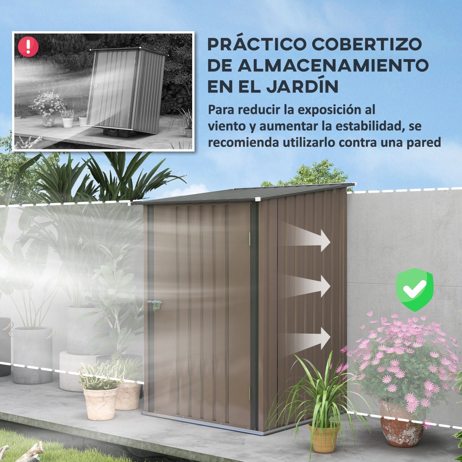 Caseta metalica jardines, Cobertizo exterior, 0,92 m², 1 Puerta y Cerradura para Almacenamiento de Herramientas, Marrón, Outsunny, 6