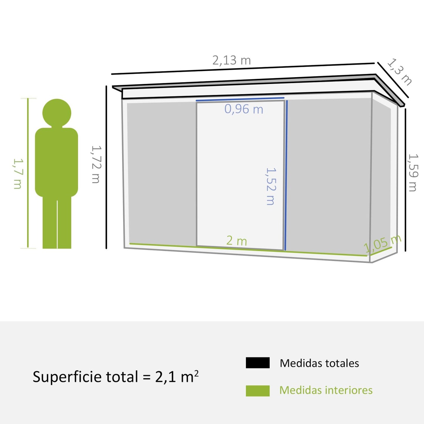 Caseta metalica jardines, Cobertizo exterior, 2,42 m², Cobertizo jardin con 2 Puertas Correderas y 2 Ventanas, Verde, Outsunny, 3