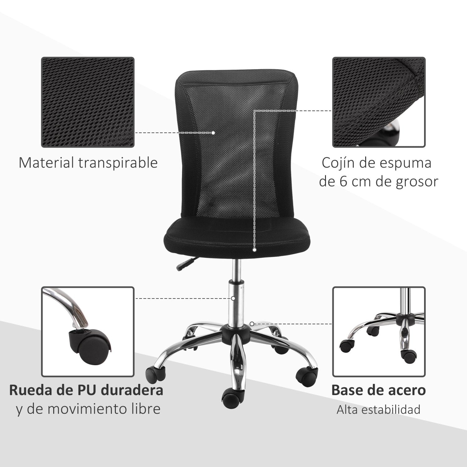 Sillas de Escritorio, Silla Oficina, Silla Ergonomica, Giratoria sin Brazos con Altura Ajustable Carga 100 kg, Negro, Vinsetto, 4