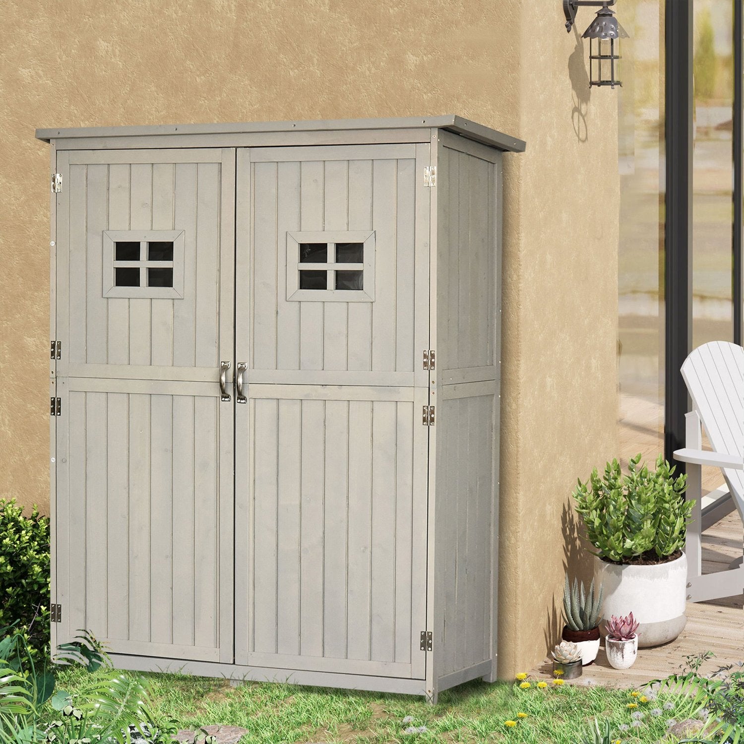 Armario exterior, Caseta jardin, Caseta de madera, Doble Puertas Techo impermeable Compartimientos, Madera Maciza, Outsunny, 1