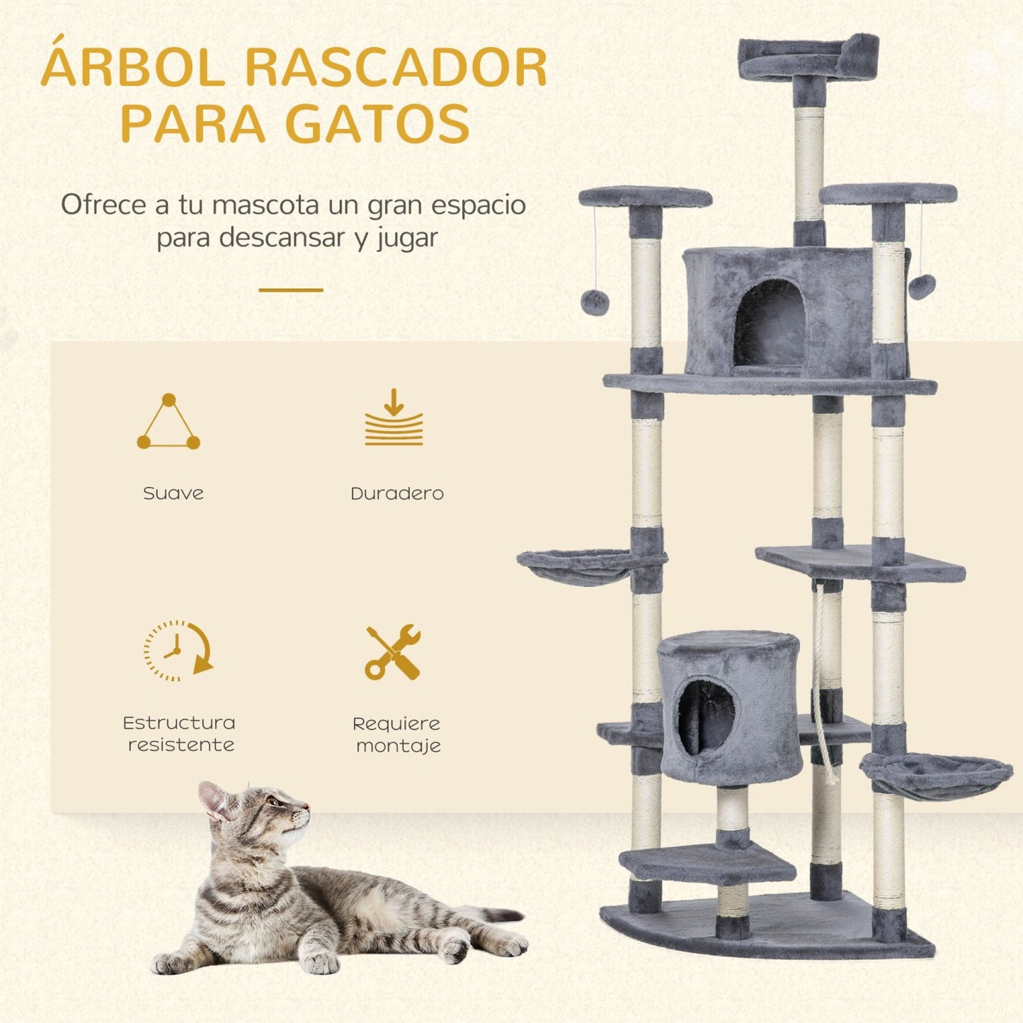 Rascador para Gatos, Arbol para Gatos, Rascador gatos, Altura 200cm, con 2 Cuevas 2 Hamacas Cama  Postes de Sisal, Gris, PawHut, 2