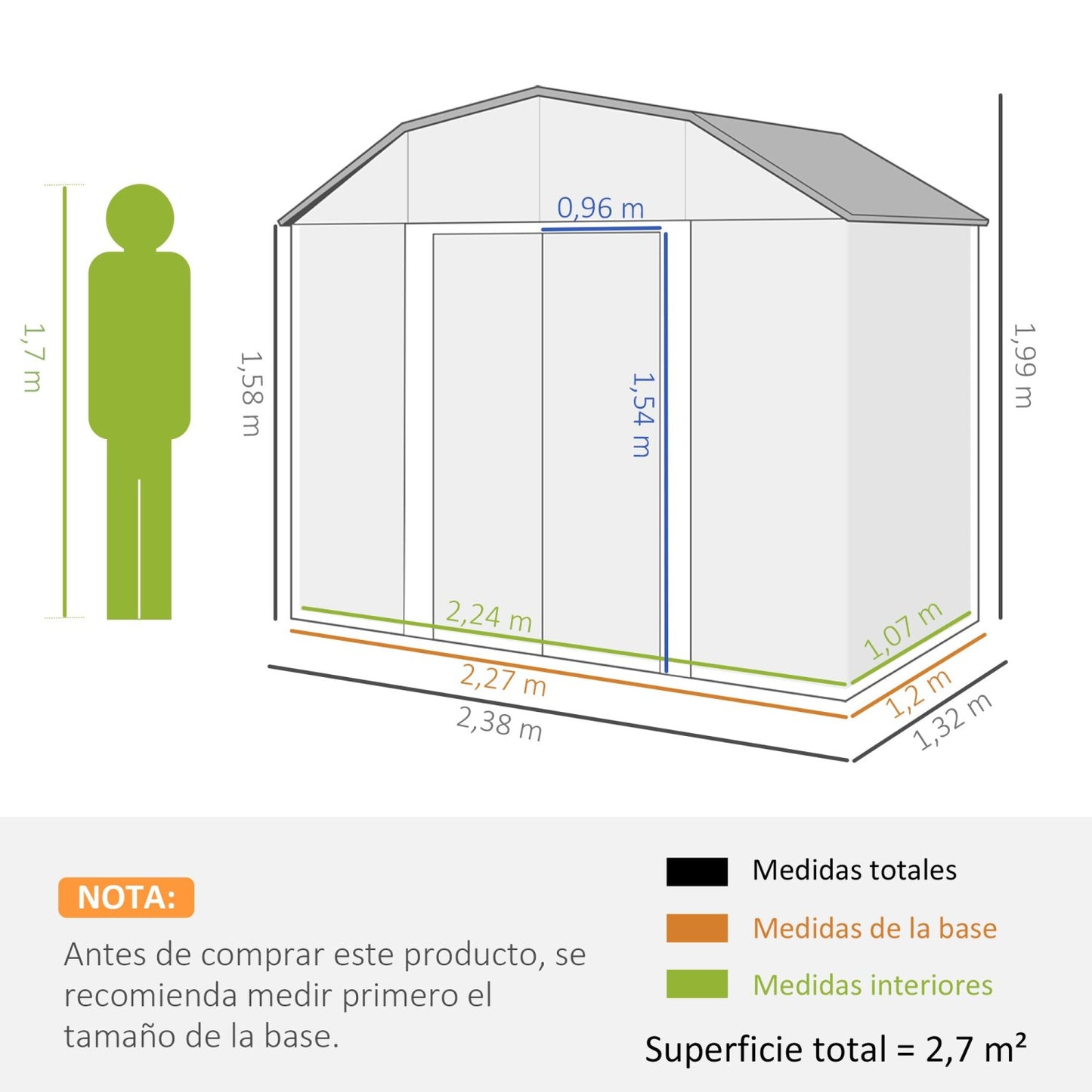 Caseta metalica jardines, 2,7 m², Cobertizo exterior, Base Estantes Ajustables 2 Puertas Corredizas, 2 Ventanas, Gris, Outsunny, 6