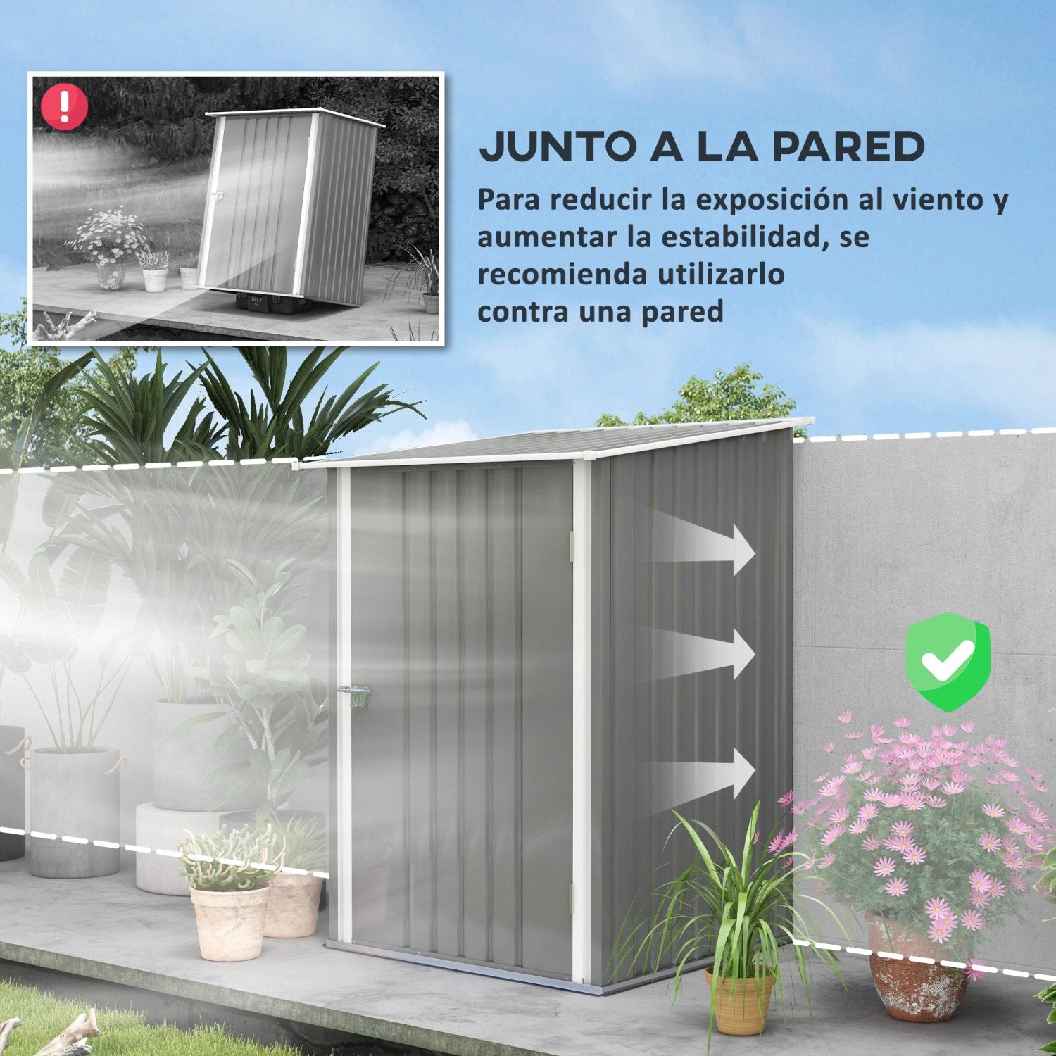 Caseta metalica jardines, Cobertizo exterior, 0,92 m², 1 Puerta y Cerradura para Almacenamiento de Herramientas, Gris, Outsunny, 6