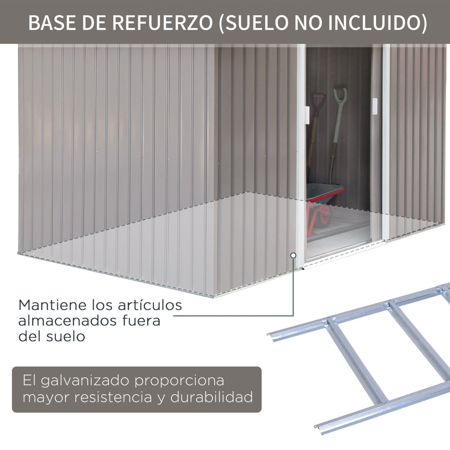 Caseta metalica jardines, 4,9 m², Cobertizo exterior,Caseta jardin, con 2 Puertas Corredizas Base Refuerzo, Gris, Outsunny, 7