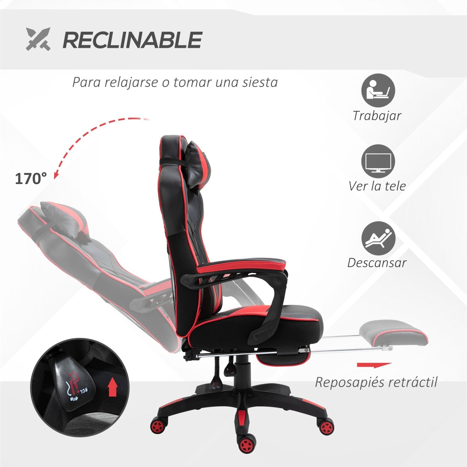 Silla Gamer, Silla Ergonomica, Regulable en Altura, Silla Oficina, Silla Gaming, con Reposapiés, Reposacabezas, Rojo, Vinsetto, 5