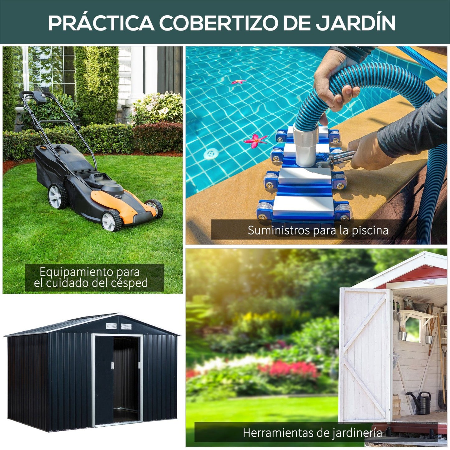 Caseta metalica jardines, Cobertizo exterior, 4,9 m², 2 Puertas Corredizas Base Refuerzo (Suelo NO Incluido) Gris Oscuro, Outsunny, 5