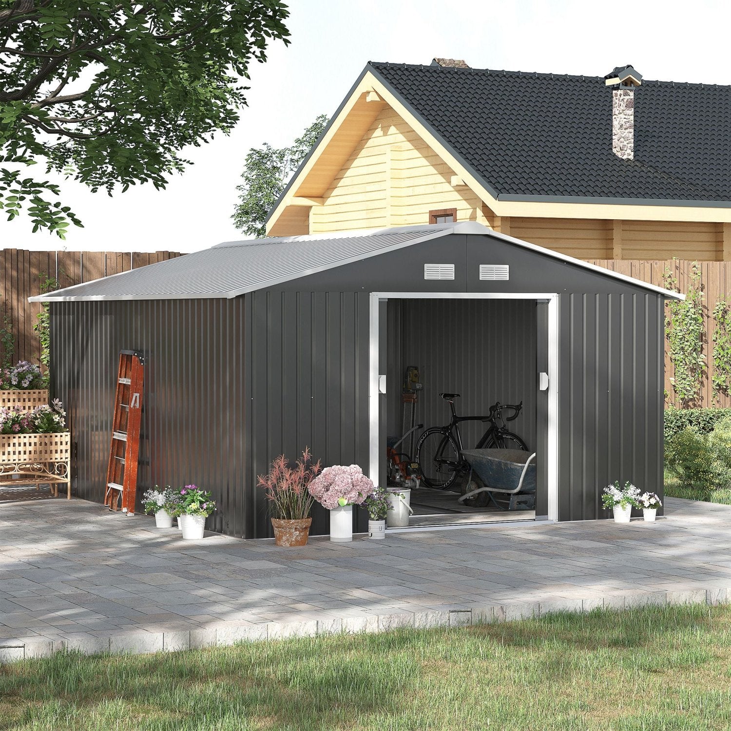 Caseta metalica jardines, Cobertizo exterior, 12,4 m², 2 Puertas Corredizas Base Refuerzo Gris Oscuro, Outsunny, 1