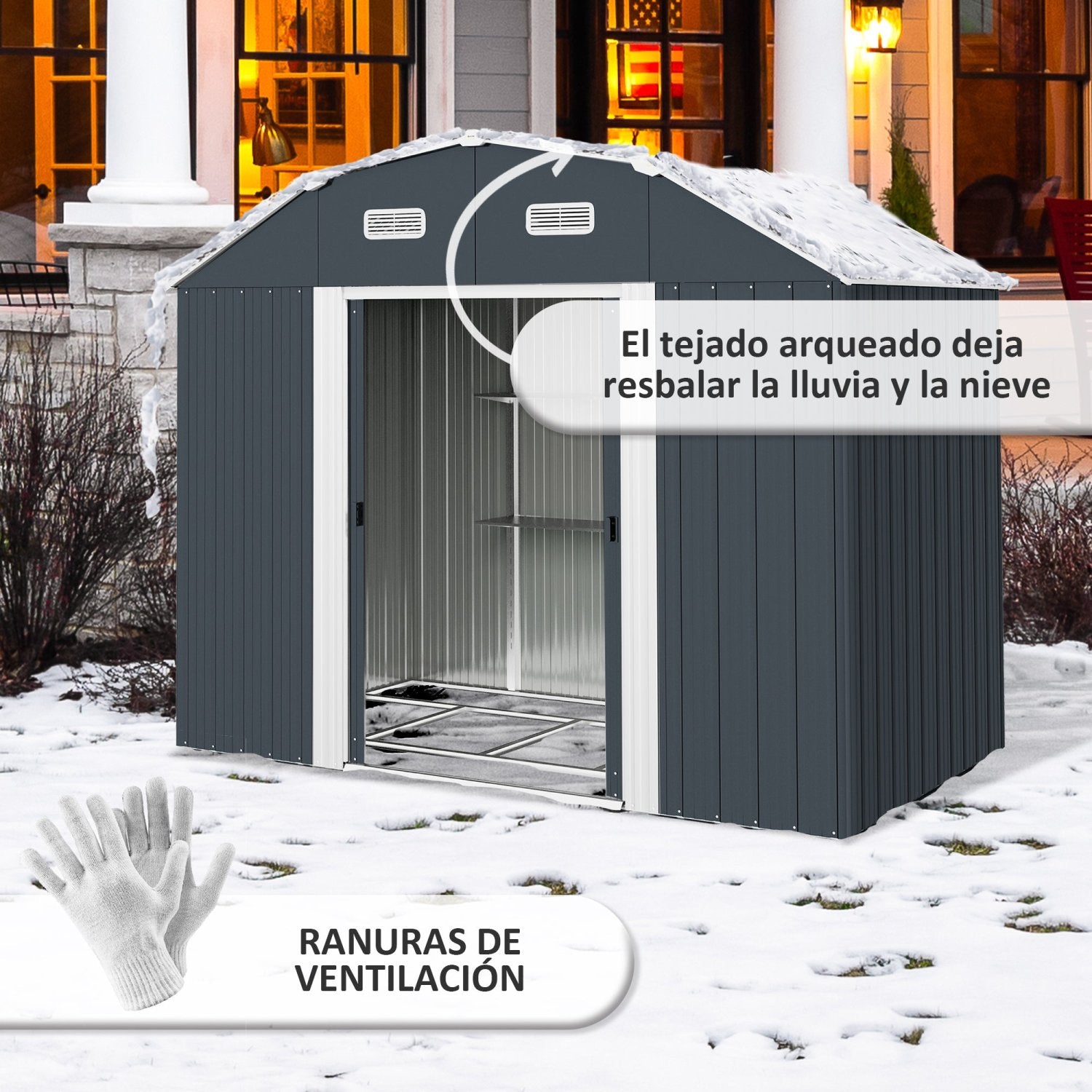 Caseta metalica jardines, 2,7 m², Cobertizo exterior, Base Estantes Ajustables 2 Puertas Corredizas, 2 Ventanas, Gris, Outsunny, 4