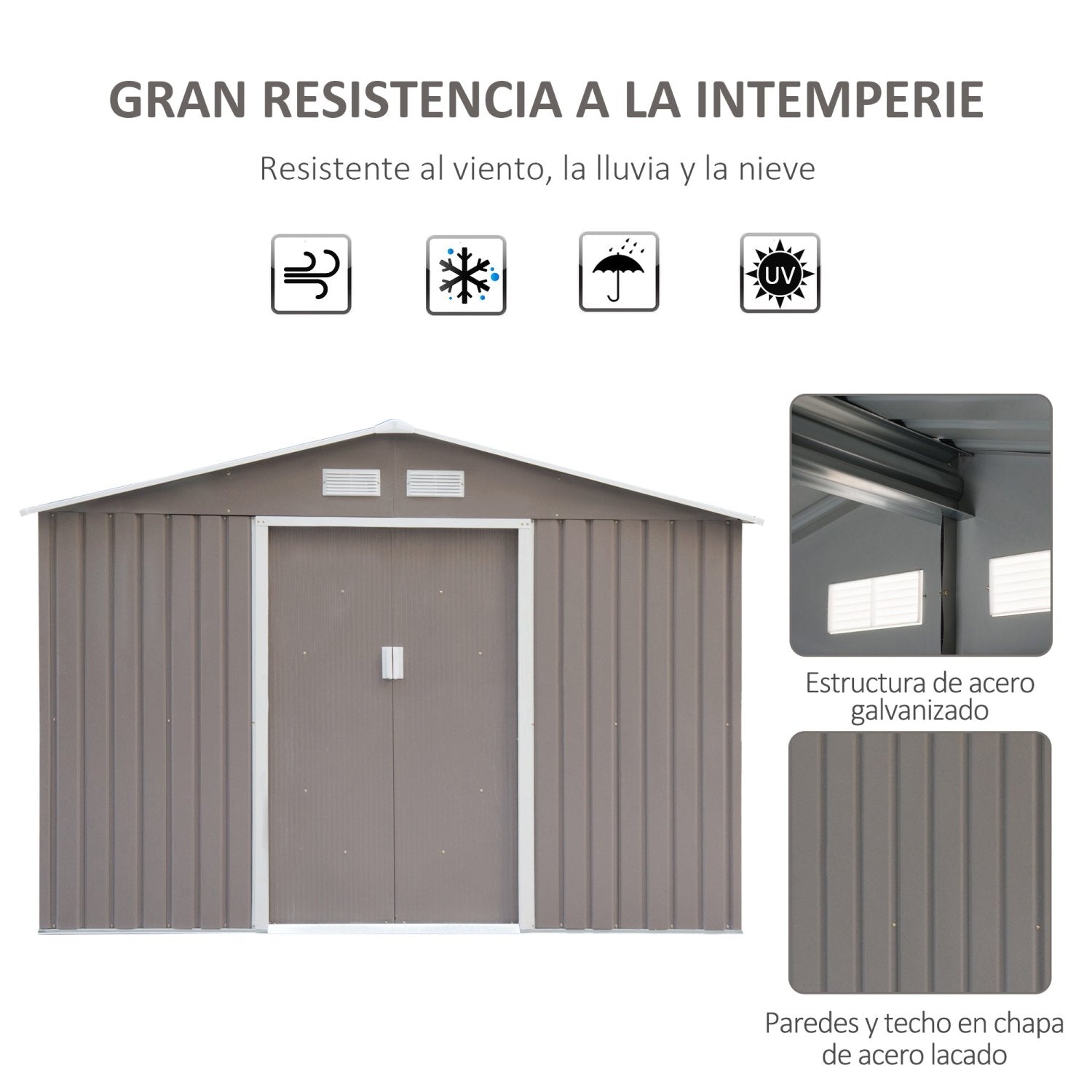 Caseta metalica jardines, 4,9 m², Cobertizo exterior,Caseta jardin, con 2 Puertas Corredizas Base Refuerzo, Gris, Outsunny, 4