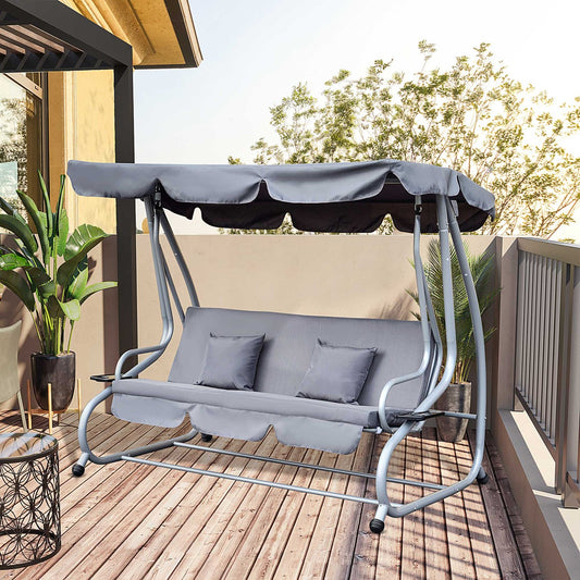 Columpio Jardin, Balancin Jardin, 3 Plazas, Convertible en Cama Techo Parasol Regulable, Balcón Exterior, Gris, Outsunny, 1