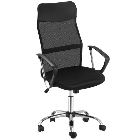 Silla Oficina, Silla Ergonomica, Sillas de Escritorio, Giratoria, Silla con Ruedas, de PVC Respaldo Alto, Negro, HOMCOM, 1