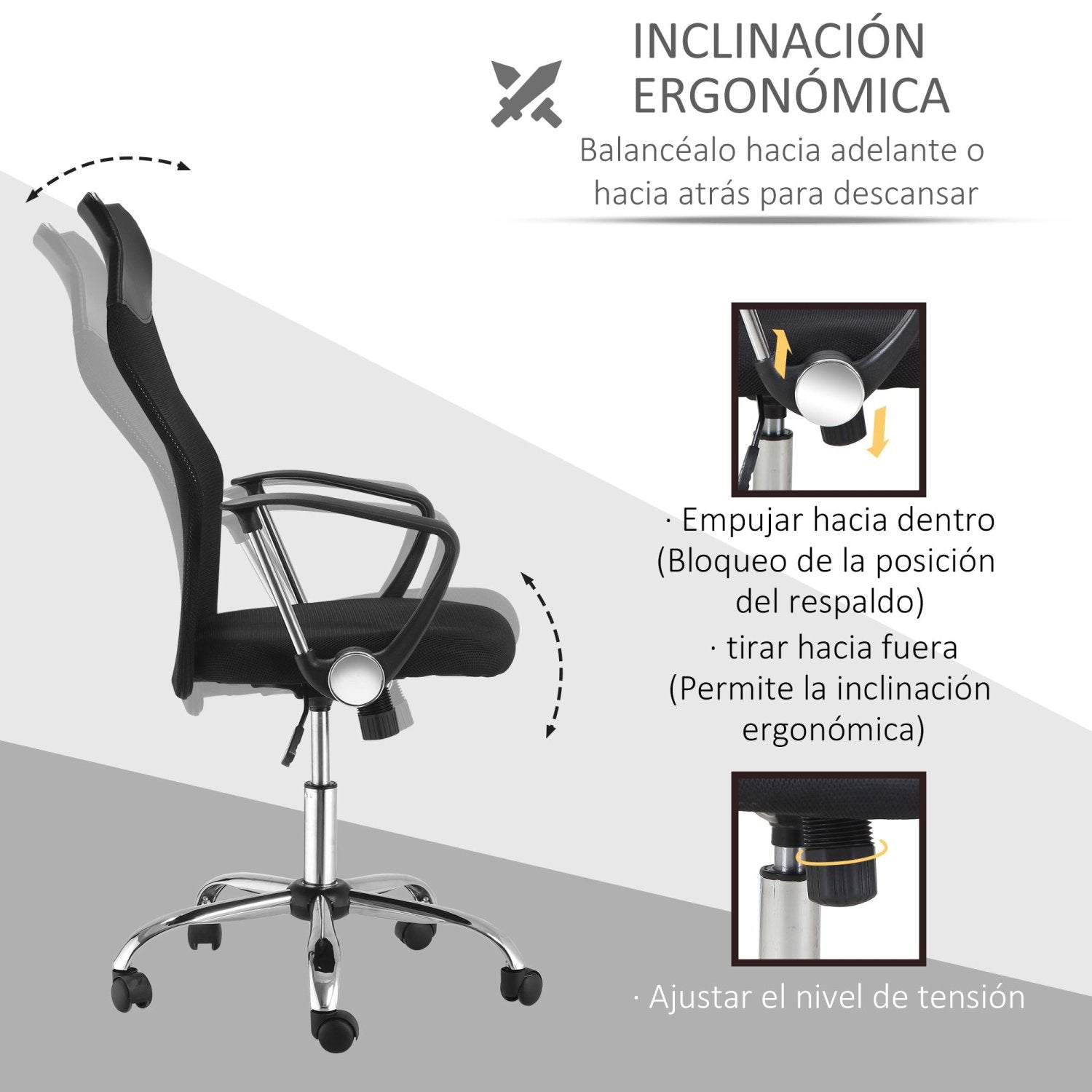 Silla Oficina, Silla Ergonomica, Sillas de Escritorio, Giratoria, Silla con Ruedas, de PVC Respaldo Alto, Negro, HOMCOM, 6