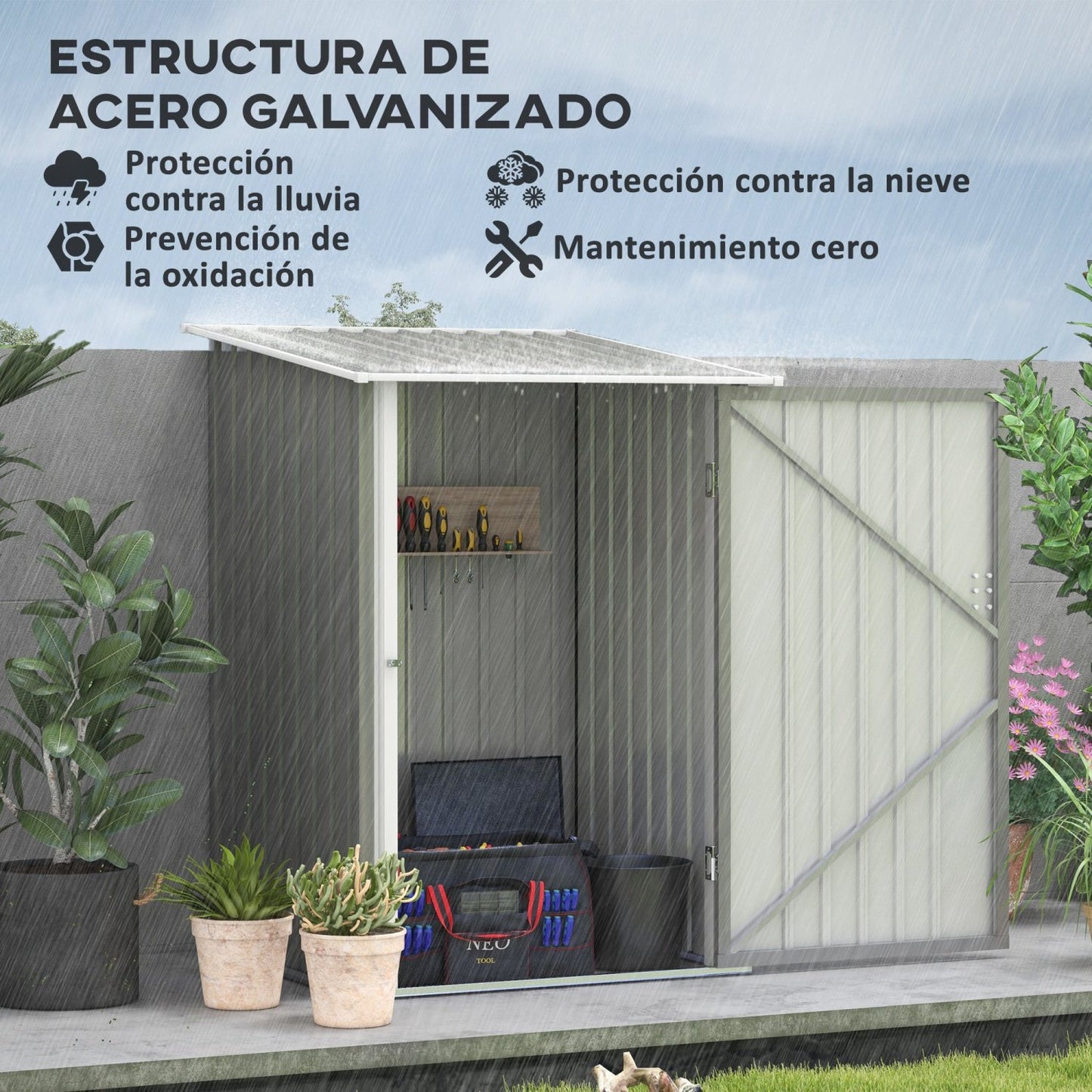 Caseta metalica jardines, Cobertizo exterior, 0,92 m², 1 Puerta y Cerradura para Almacenamiento de Herramientas, Gris, Outsunny, 4