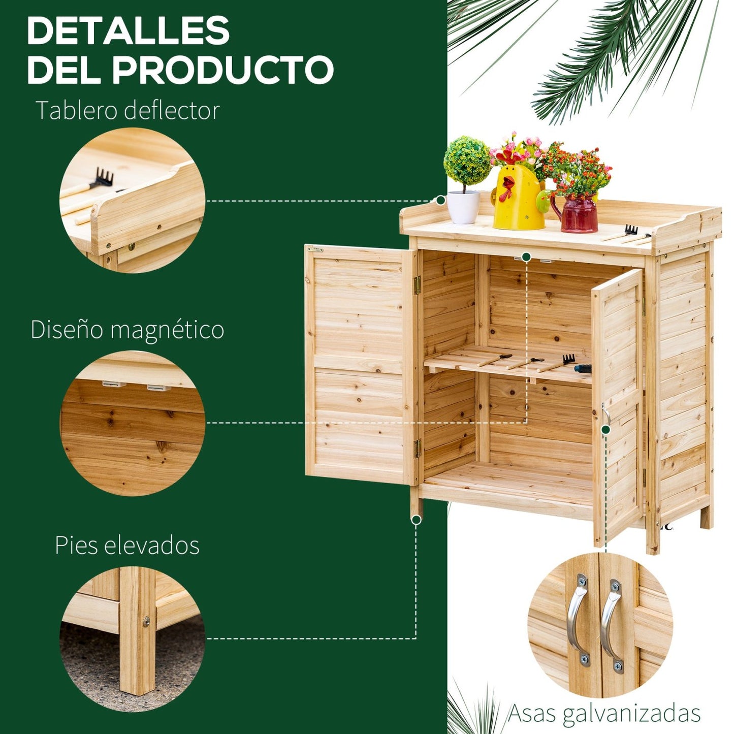 Cobertizo jardin, Caseta de madera, Armario exterior, para Almacenaje con 2 Puertas Estante y Patas Elevadas, Natural, Outsunny, 6