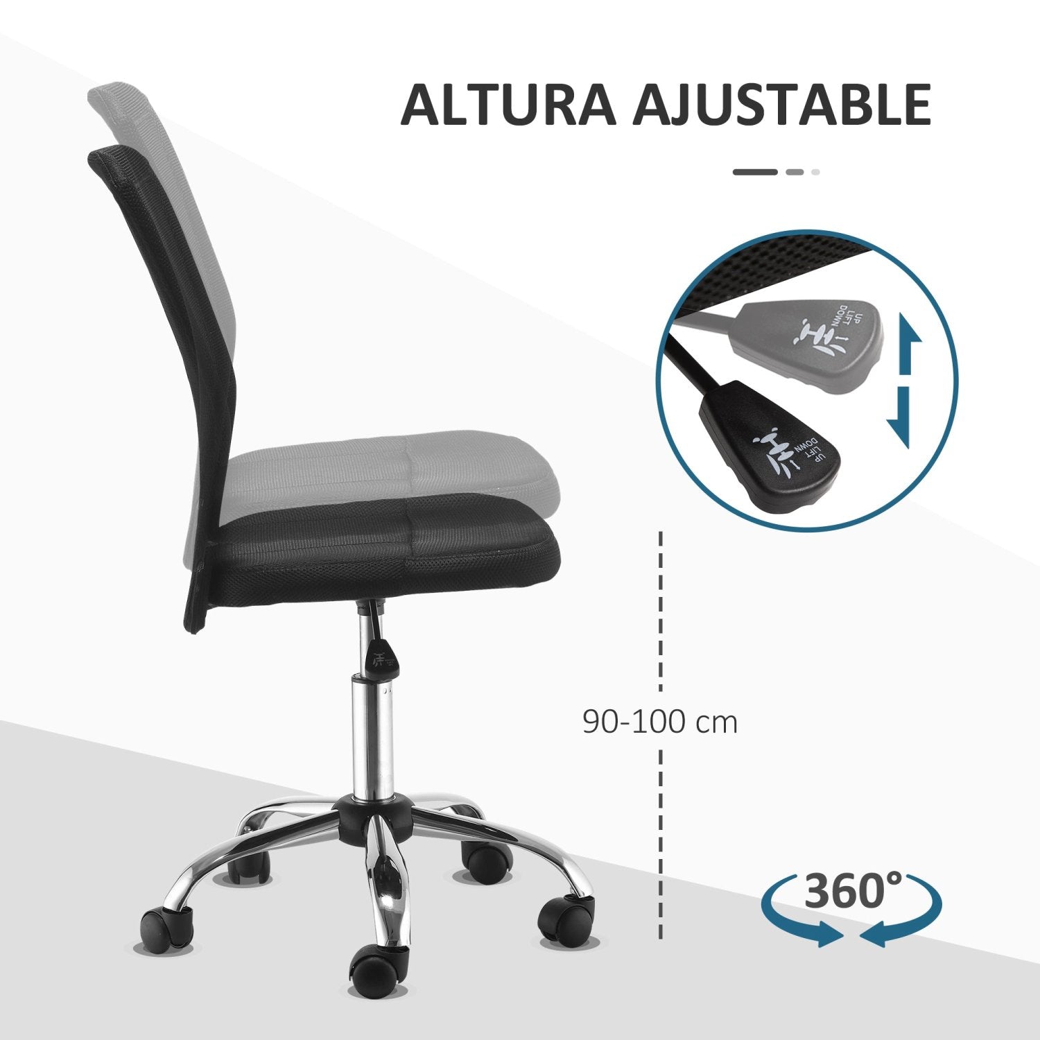 Sillas de Escritorio, Silla Oficina, Silla Ergonomica, Giratoria sin Brazos con Altura Ajustable Carga 100 kg, Negro, Vinsetto, 5