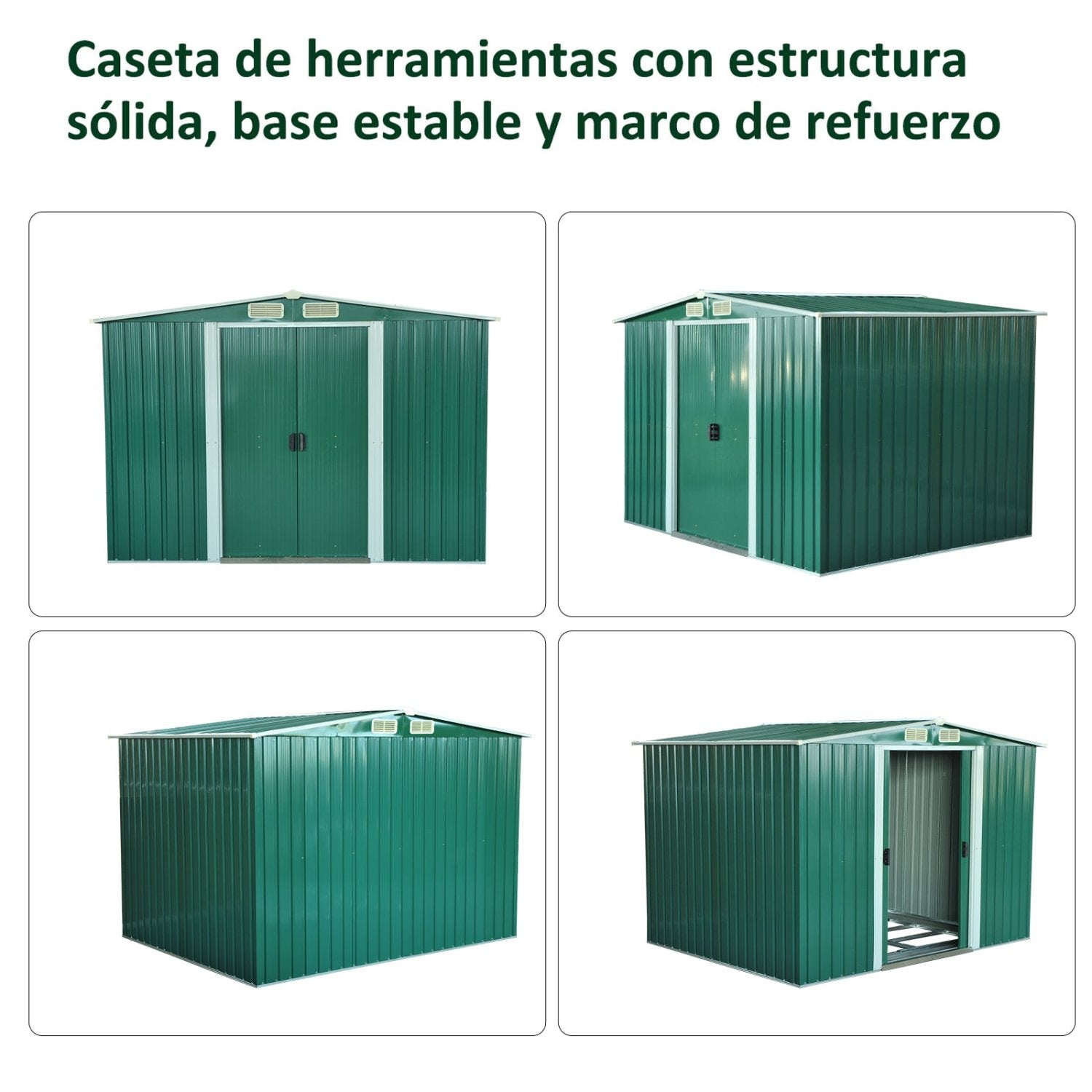 Caseta metalica jardines, 5,3m², Cobertizo exterior, Cobertizo jardin con Puertas Correderas y Ventilaciones, Verde, Outsunny, 4