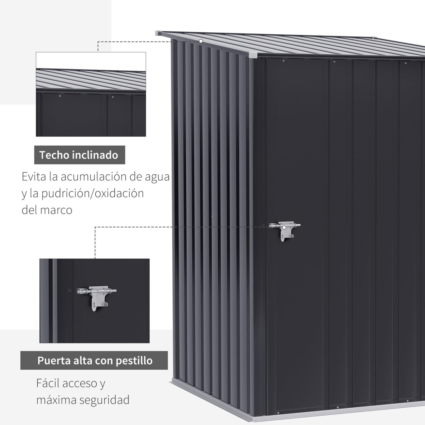 Caseta metalica jardines, Cobertizo exterior, 0,92 m² Puerta y Cerradura para Almacenamiento de Herramientas, Gris Oscuro, Outsunny, 6