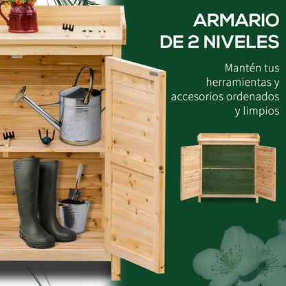 Cobertizo jardin, Caseta de madera, Armario exterior, para Almacenaje con 2 Puertas Estante y Patas Elevadas, Natural, Outsunny, 2