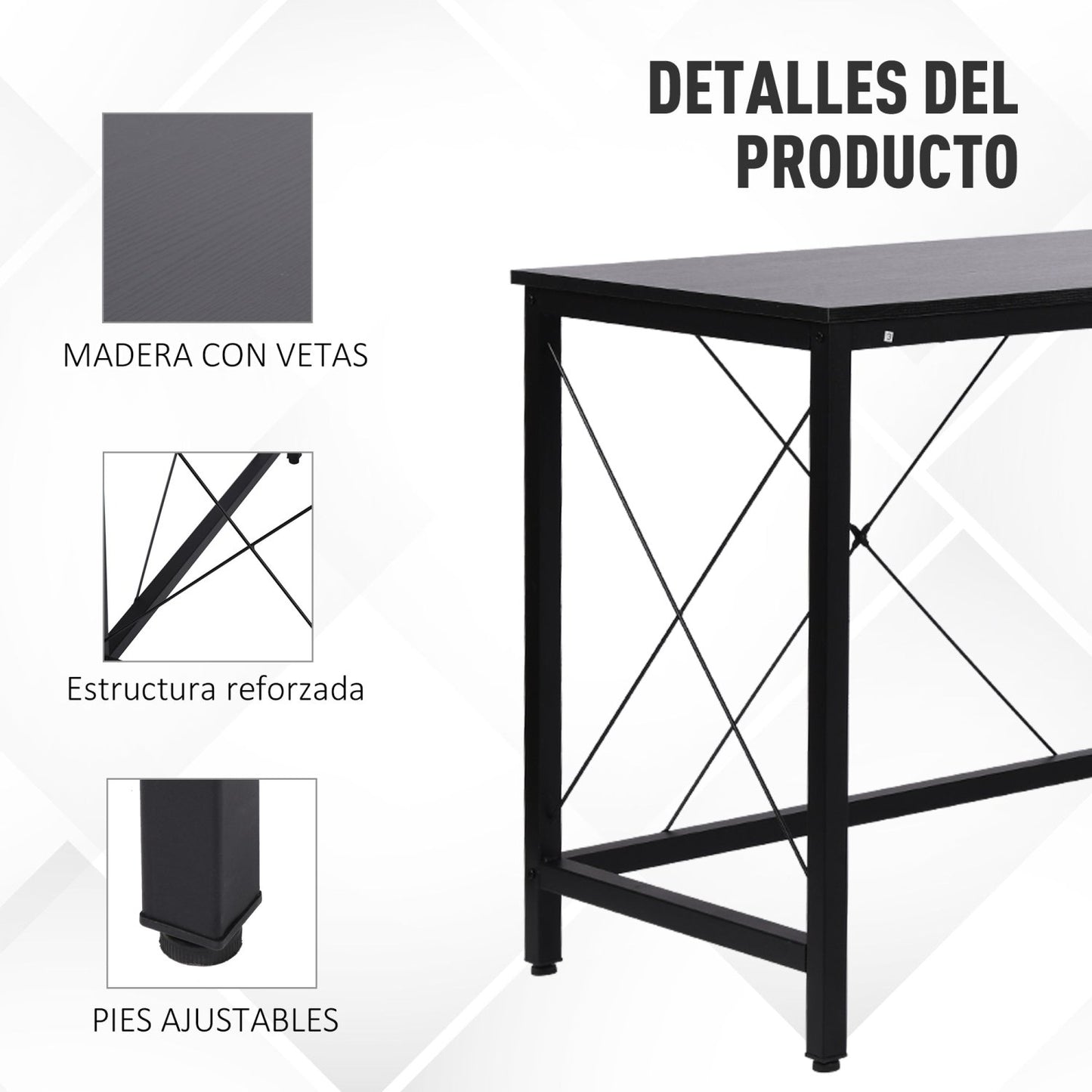 Escritorio Esquinero, Escritorio Ordenador, Mesa Oficina, con Marco de Acero, Carga 70 kg, Mesa de Estudio, Negro, HOMCOM, 4