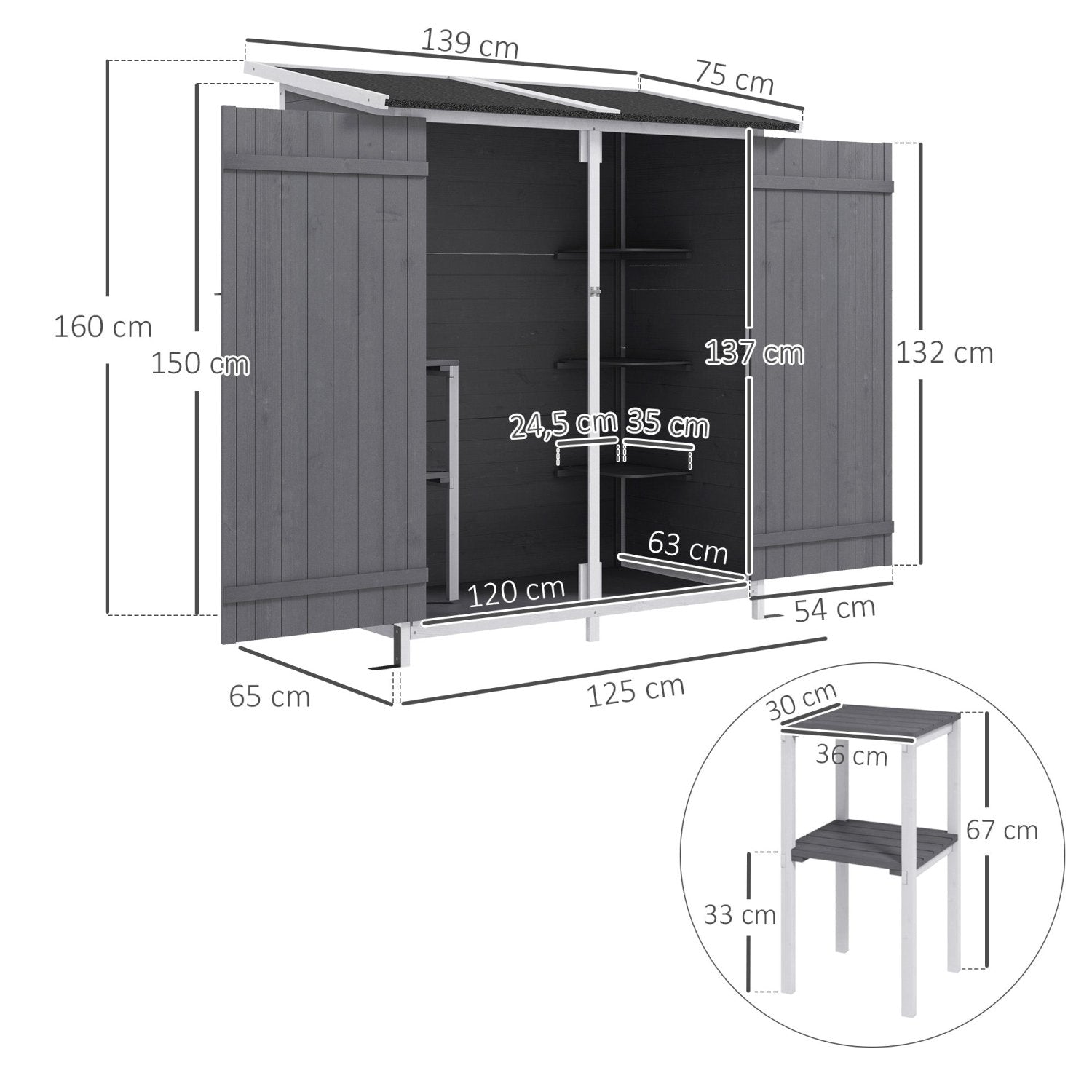 Caseta jardin, Caseta de madera, Armario exterior, con Estantería Movible Puertas con Cerrojo Techo Asfaltico, Gris, Outsunny, 3