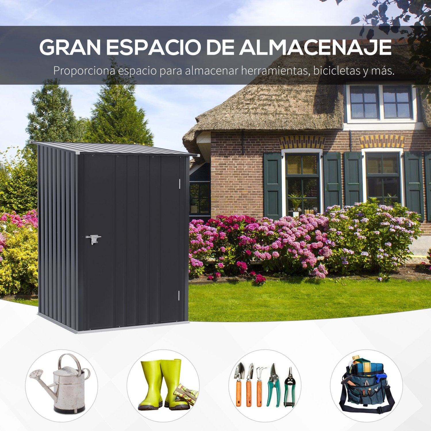 Caseta metalica jardines, Cobertizo exterior, 0,92 m² Puerta y Cerradura para Almacenamiento de Herramientas, Gris Oscuro, Outsunny, 2