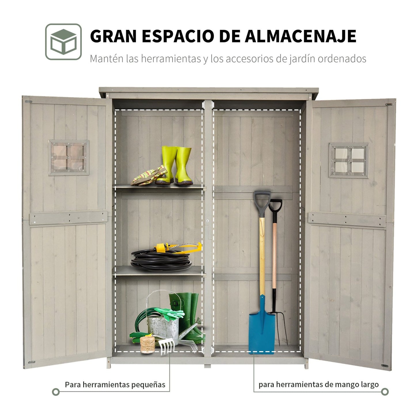 Armario exterior, Caseta jardin, Caseta de madera, Doble Puertas Techo impermeable Compartimientos, Madera Maciza, Outsunny, 2