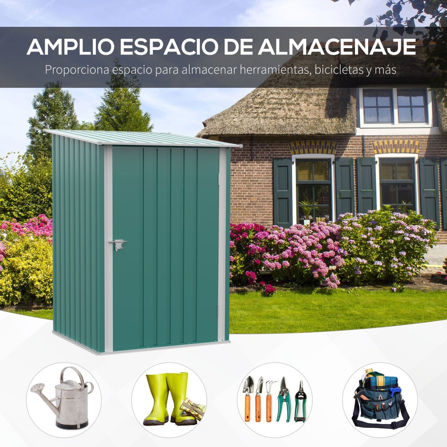 Caseta metalica jardines, Cobertizo jardin, 0,92 m², 1 Puerta y Cerradura para Almacenamiento de Herramientas, Verde, Outsunny, 2