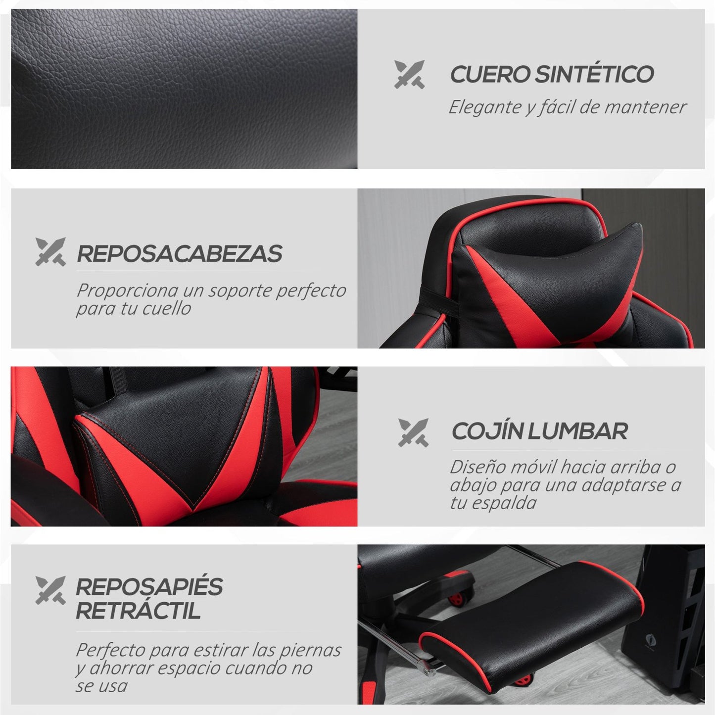 Silla Gamer, Silla Ergonomica, Regulable en Altura, Silla Oficina, Silla Gaming, con Reposapiés, Reposacabezas, Rojo, Vinsetto, 8