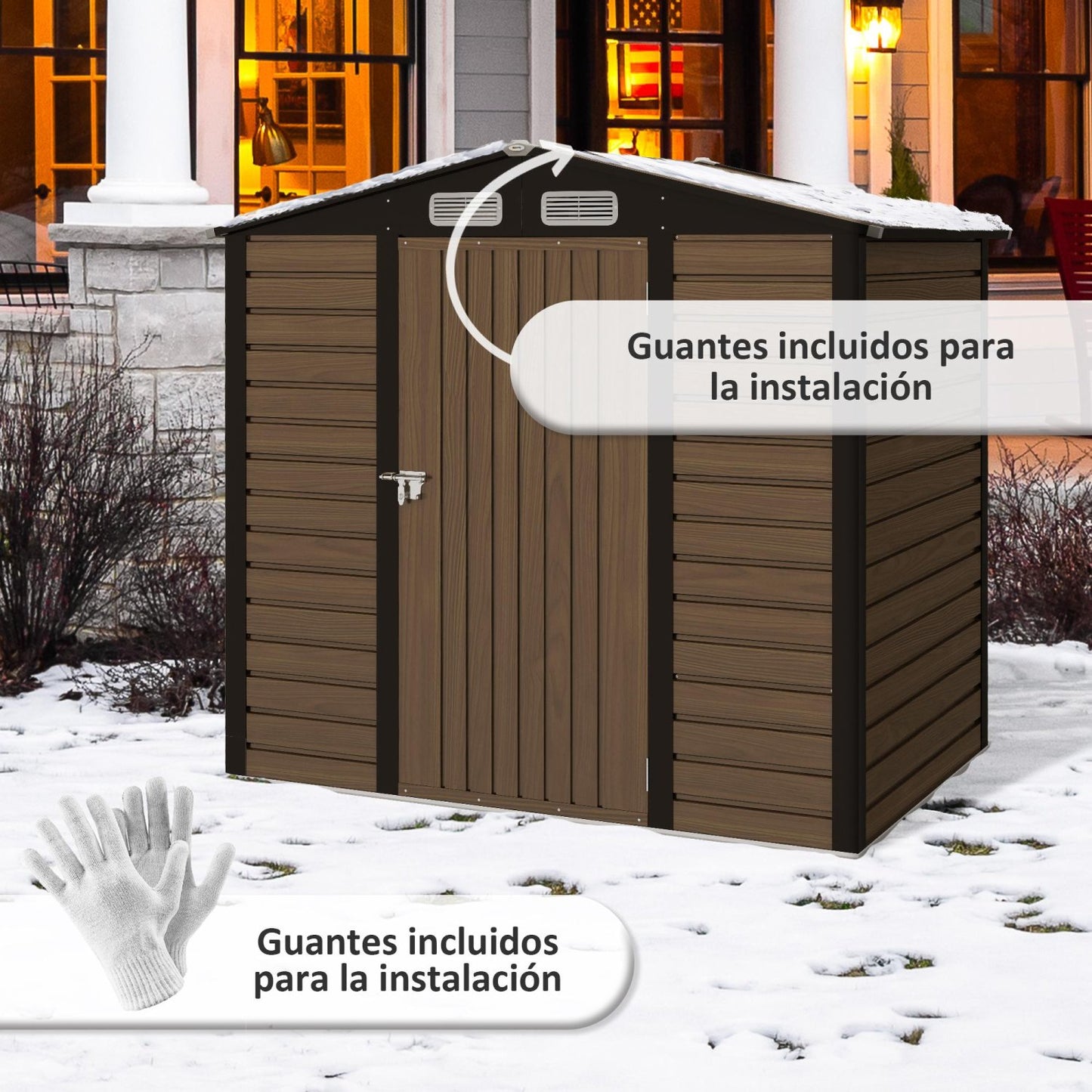 Caseta metalica jardines, Cobertizo exterior, de Herramientas, 2 Ventanas de Ventilación y Puerta para Terraza, Roble, Outsunny, 2