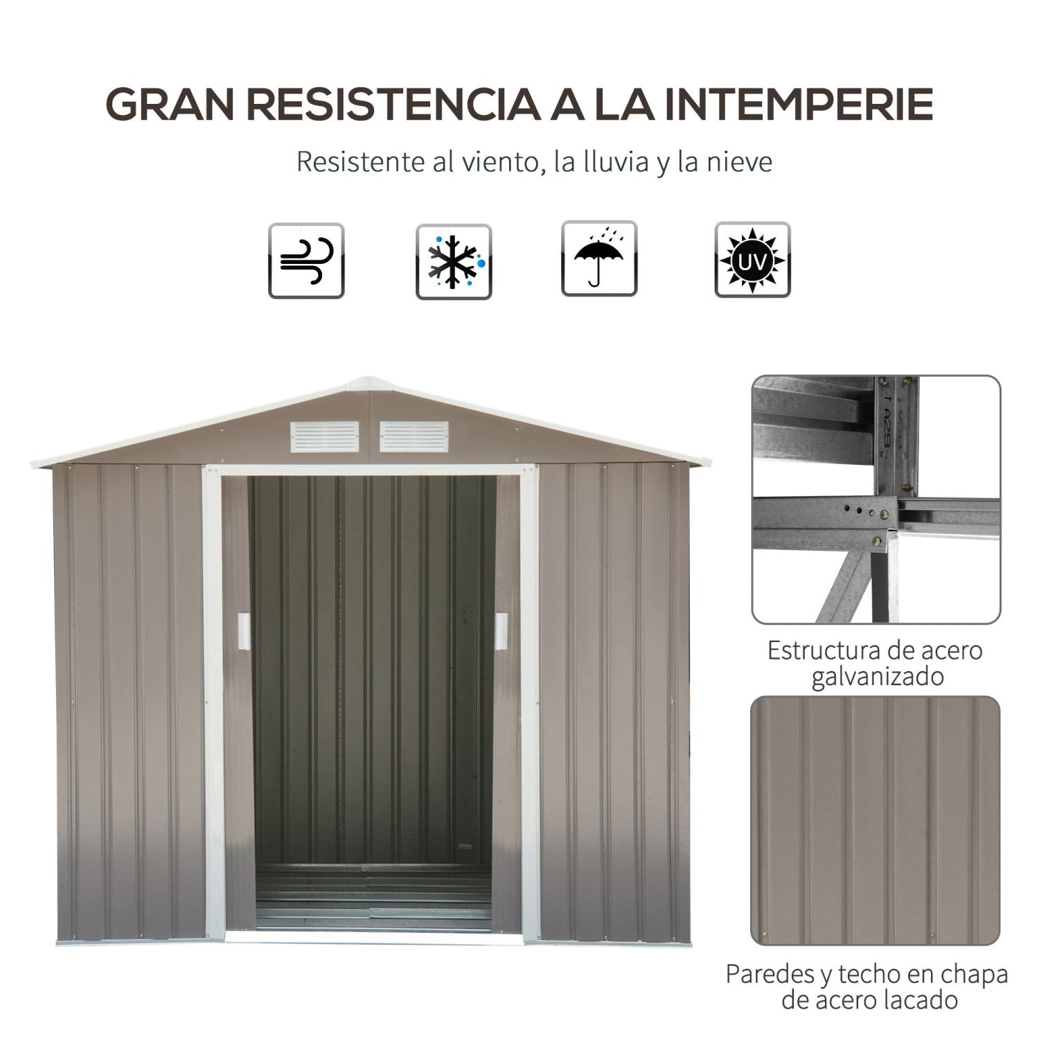 Caseta metalica jardines, Cobertizo exterior, Caseta jardin, con 2 Puertas Correderas y 4 Ventanas para Terraza, Gris, Outsunny, 5