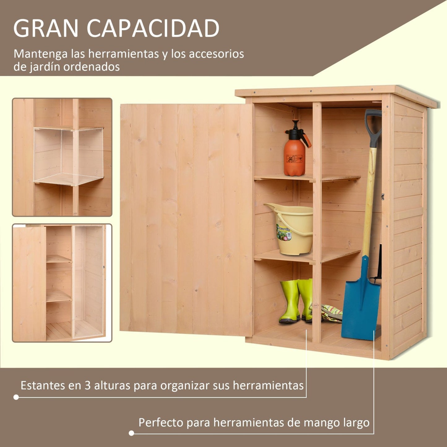 Caseta de madera, Caseta jardin, Armario exterior, con 3 Estantes interiores Puerta con Pestillo, Techo Asfaltico, Natural, Outsunny, 4