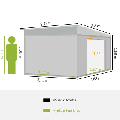 Caseta metalica jardines, Cobertizo exterior, 8,9 m², para Almacenamiento de Herramientas con Puerta y 2 Ventanas Gris, Outsunny, 3