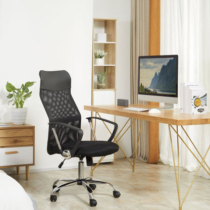 Silla Oficina, Silla Ergonomica, Sillas de Escritorio, Giratoria, Silla con Ruedas, de PVC Respaldo Alto, Negro, HOMCOM, 2