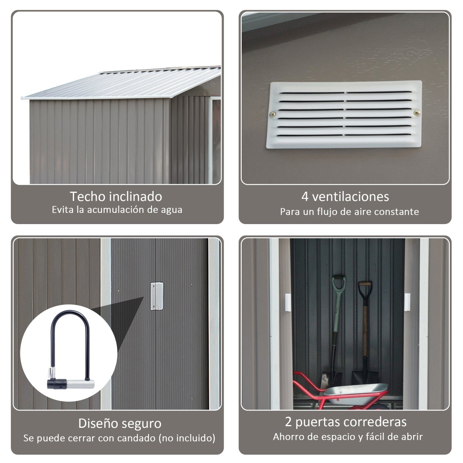 Caseta metalica jardines, 4,9 m², Cobertizo exterior,Caseta jardin, con 2 Puertas Corredizas Base Refuerzo, Gris, Outsunny, 5