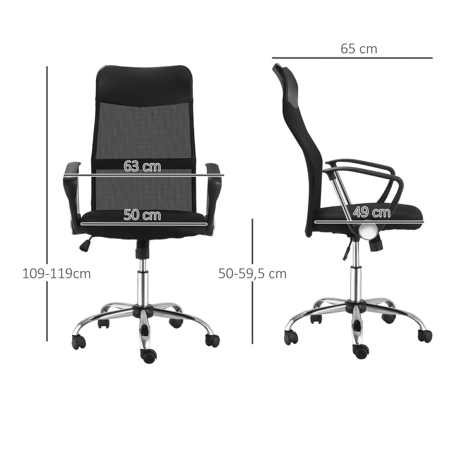 Silla Oficina, Silla Ergonomica, Sillas de Escritorio, Giratoria, Silla con Ruedas, de PVC Respaldo Alto, Negro, HOMCOM, 3