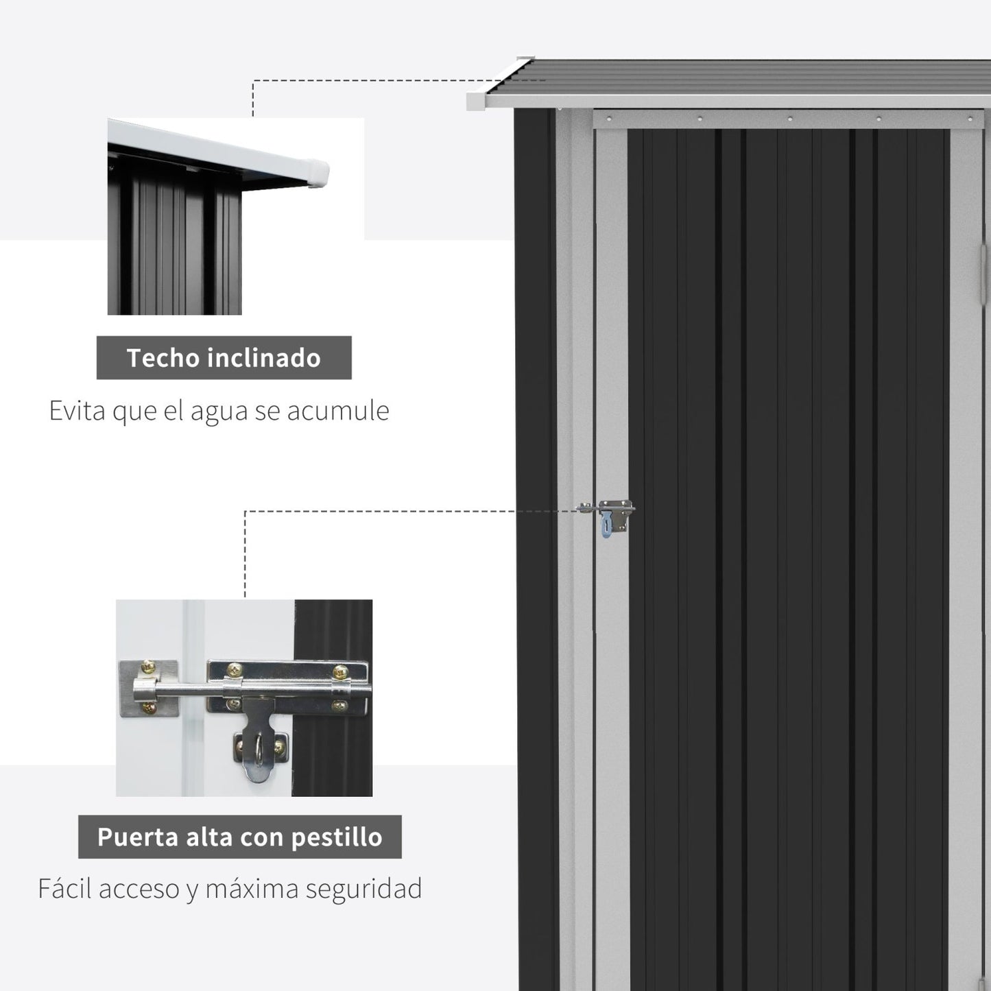 Caseta metalica jardines, Cobertizo exterior, 1,07 m², Cobertizo jardin, Puerta Cerradura y Orificios de Drenaje, Gris, Outsunny, 6