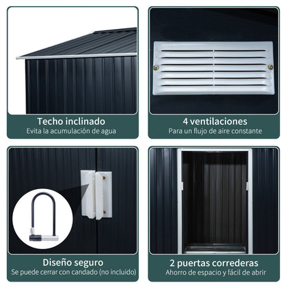 Caseta metalica jardines, Cobertizo exterior, 4,9 m², 2 Puertas Corredizas Base Refuerzo (Suelo NO Incluido) Gris Oscuro, Outsunny, 4