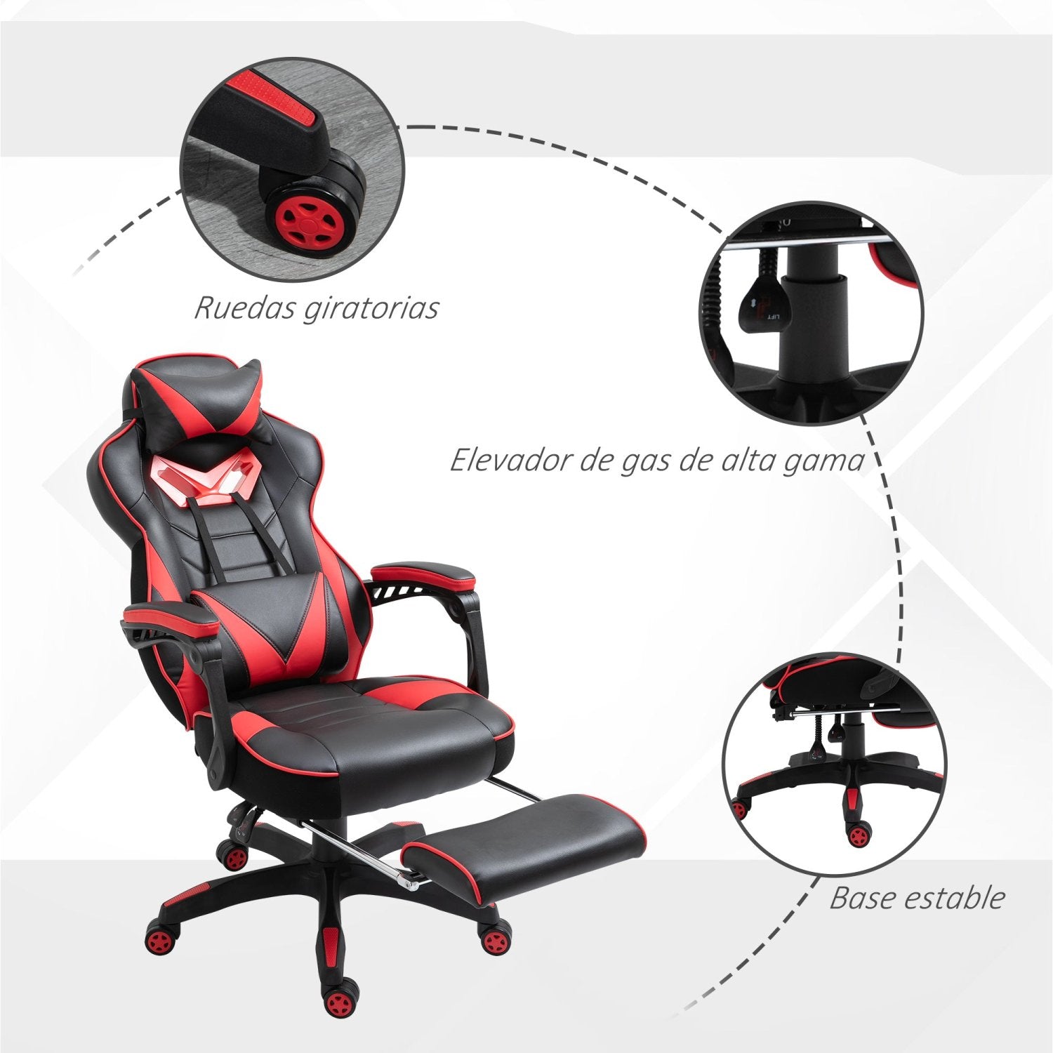 Silla Gamer, Silla Ergonomica, Regulable en Altura, Silla Oficina, Silla Gaming, con Reposapiés, Reposacabezas, Rojo, Vinsetto, 7