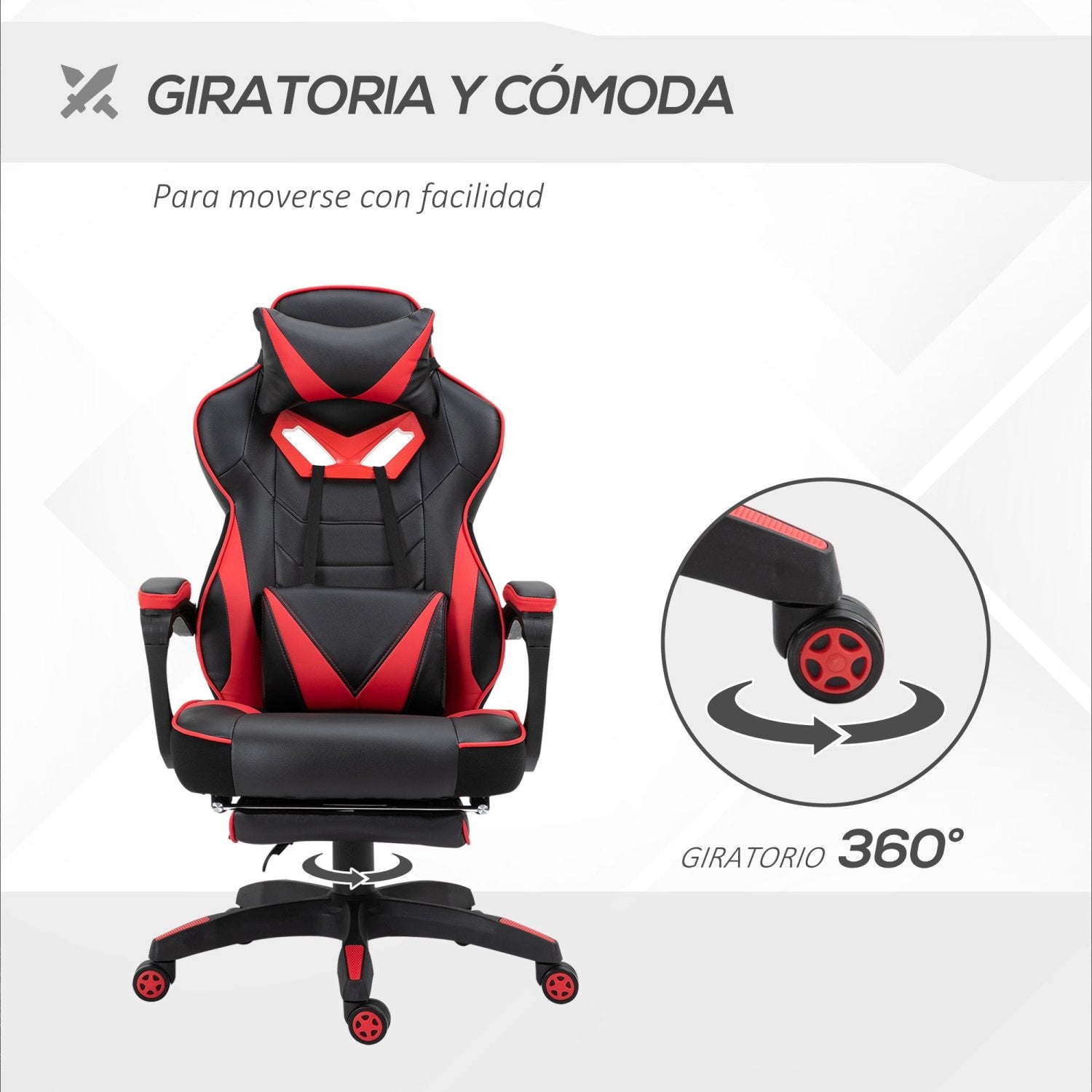 Silla Gamer, Silla Ergonomica, Regulable en Altura, Silla Oficina, Silla Gaming, con Reposapiés, Reposacabezas, Rojo, Vinsetto, 6