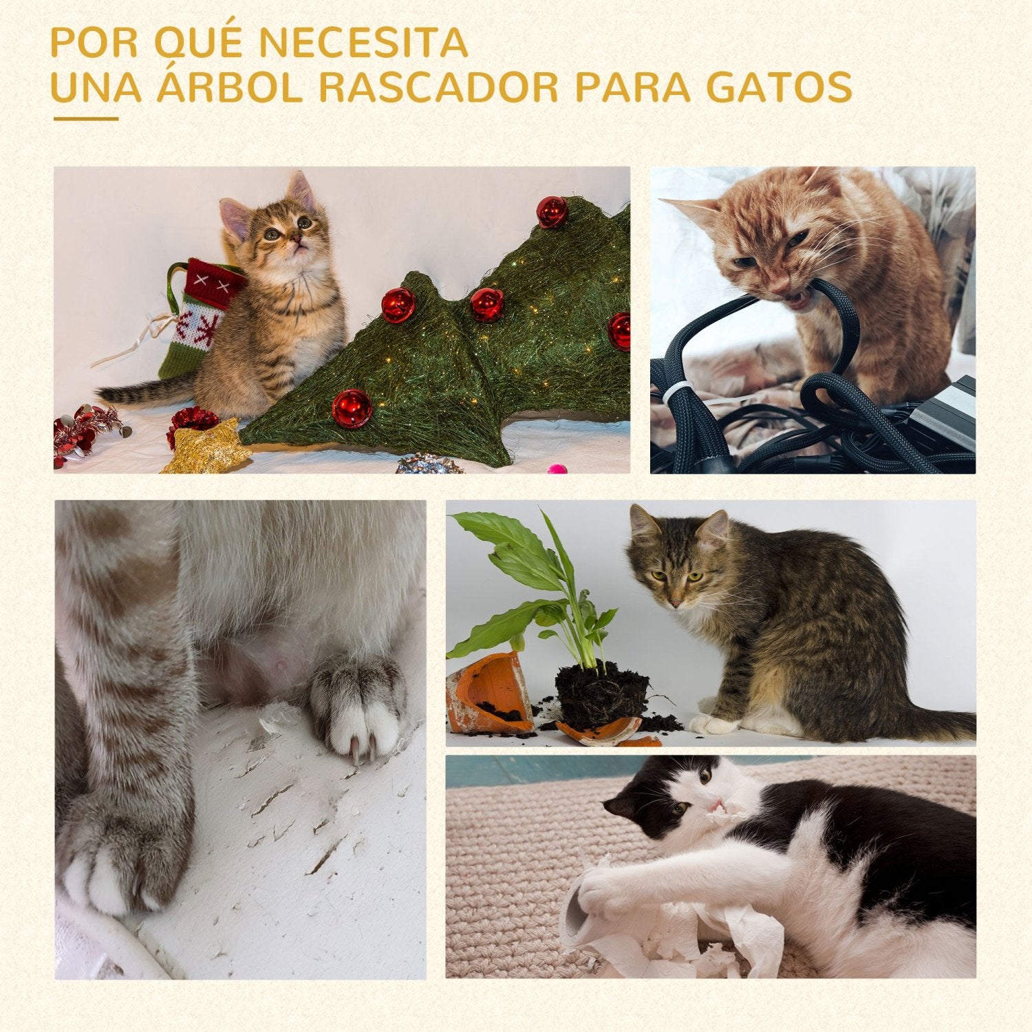 Rascador para Gatos, Arbol para Gatos, Rascador gatos, Altura 200cm, con 2 Cuevas 2 Hamacas Cama  Postes de Sisal, Gris, PawHut, 5