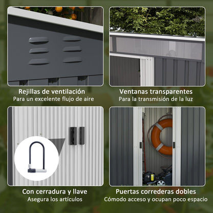 Caseta metalica jardines, 2 m², Cobertizo exterior, con Base Puerta Corredera 2 Ventanas y Anti-UV, Gris Oscuro, Outsunny, 6