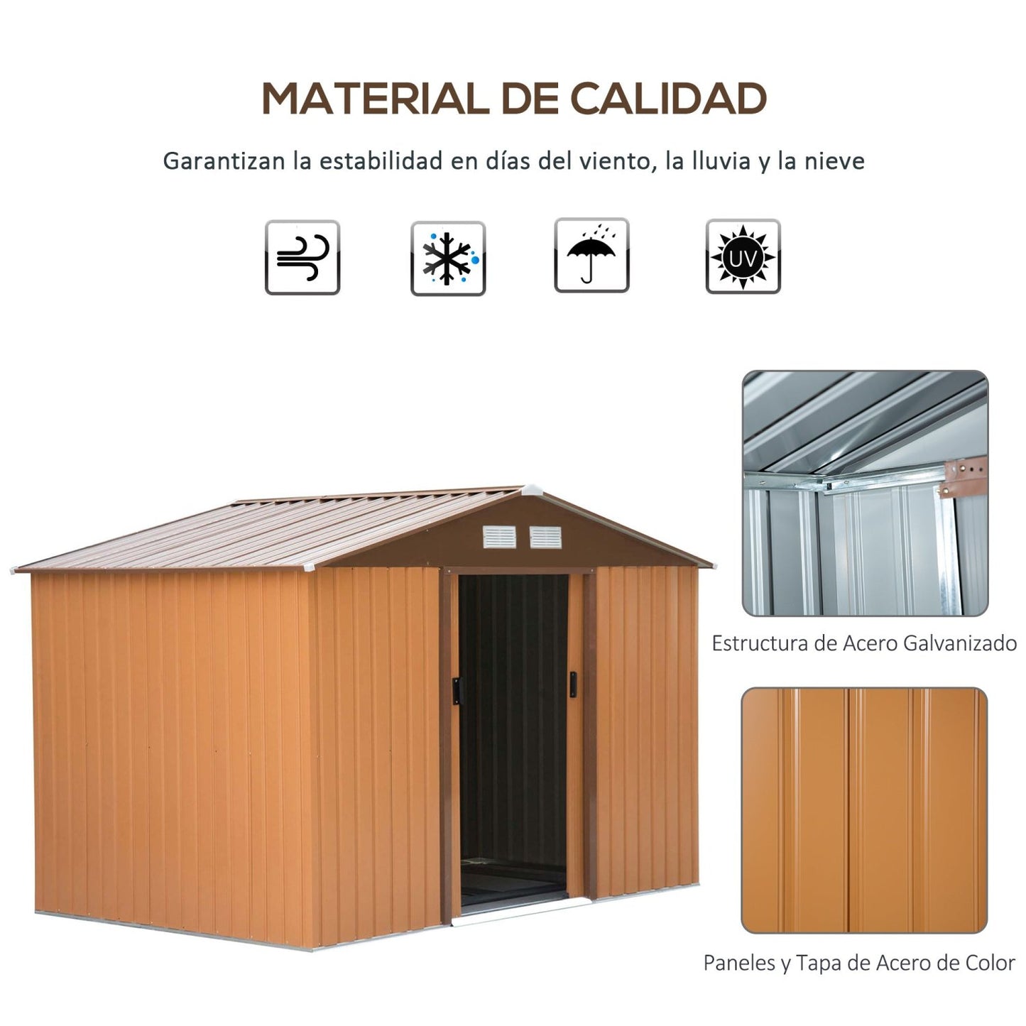 Caseta metalica jardines, 4,9 m², Cobertizo exterior, Caseta jardin, 2 Puertas Corredizas Base Refuerzo, Amarillo, Outsunny, 3