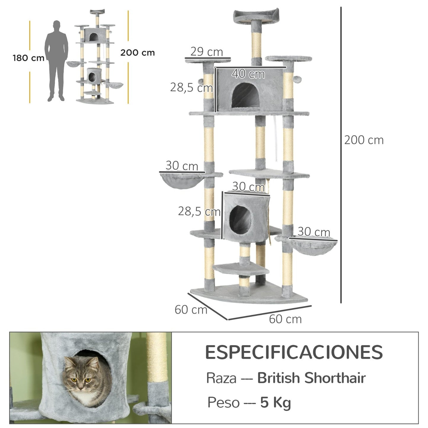 Rascador para Gatos, Arbol para Gatos, Rascador gatos, Altura 200cm, con 2 Cuevas 2 Hamacas Cama  Postes de Sisal, Gris, PawHut, 7